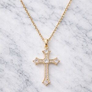 Gold Cross Pendant Necklace Cable Chain 15-17” Lobster Clasp Simulated Diamond